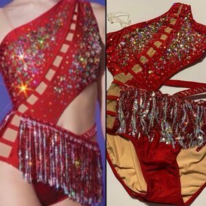 Glamour solo dance costume red sequin gems 2282 fringe stoned embellished XLA